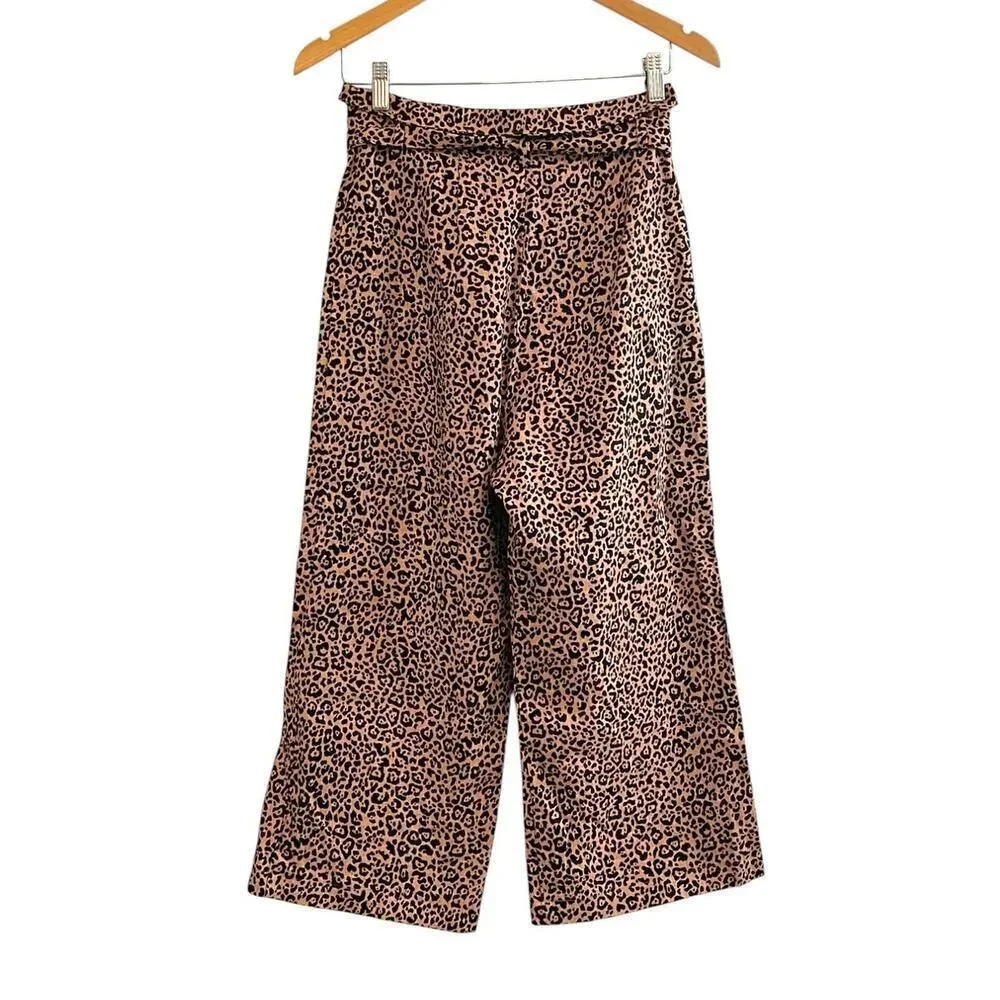 Reformation Jackie Cropped Belted Leopard Print Linen Wide Leg Pants Size 2